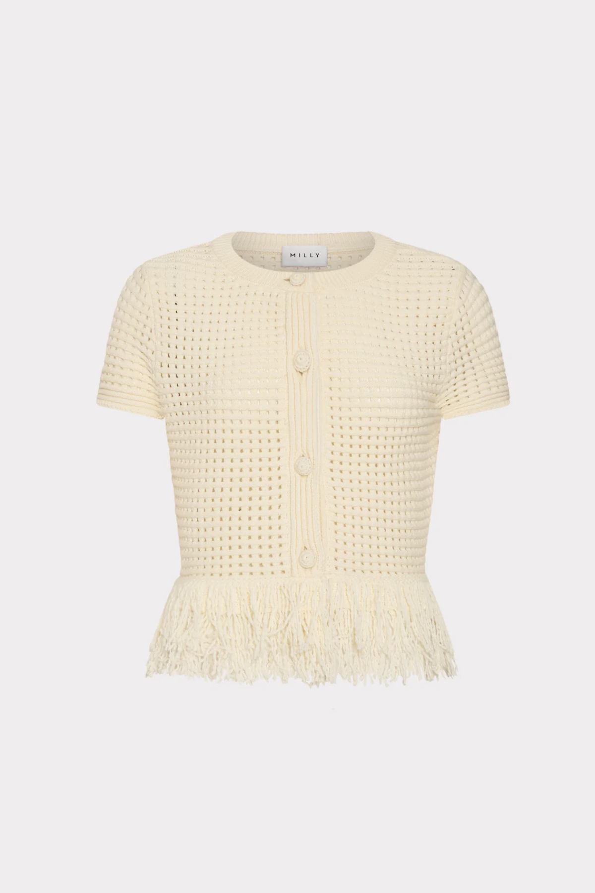 A short-sleeve cream-colored knit cardigan featuring a textured openwork pattern, button front, and a fringed hem, displayed against a light gray background.