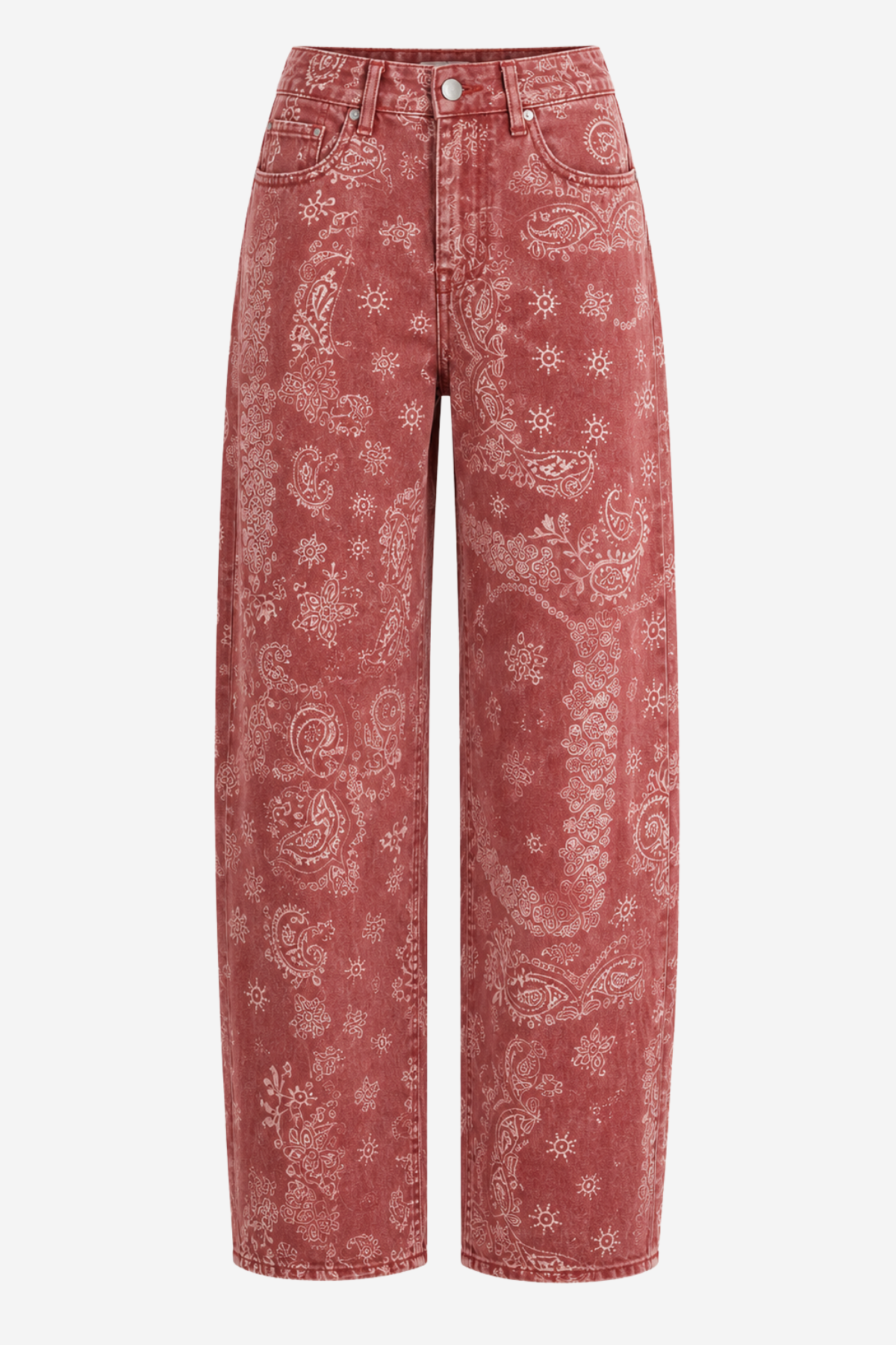 A pair of high-waisted, wide-leg cropped jeans in a washed dusty rose pink denim with a white paisley and floral bandana print, shown against a plain white background.