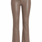 A pair of high-waisted, flared pants in a glossy taupe-brown faux leather material, shown against a plain white background.