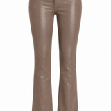 A pair of high-waisted, flared pants in a glossy taupe-brown faux leather material, shown against a plain white background.