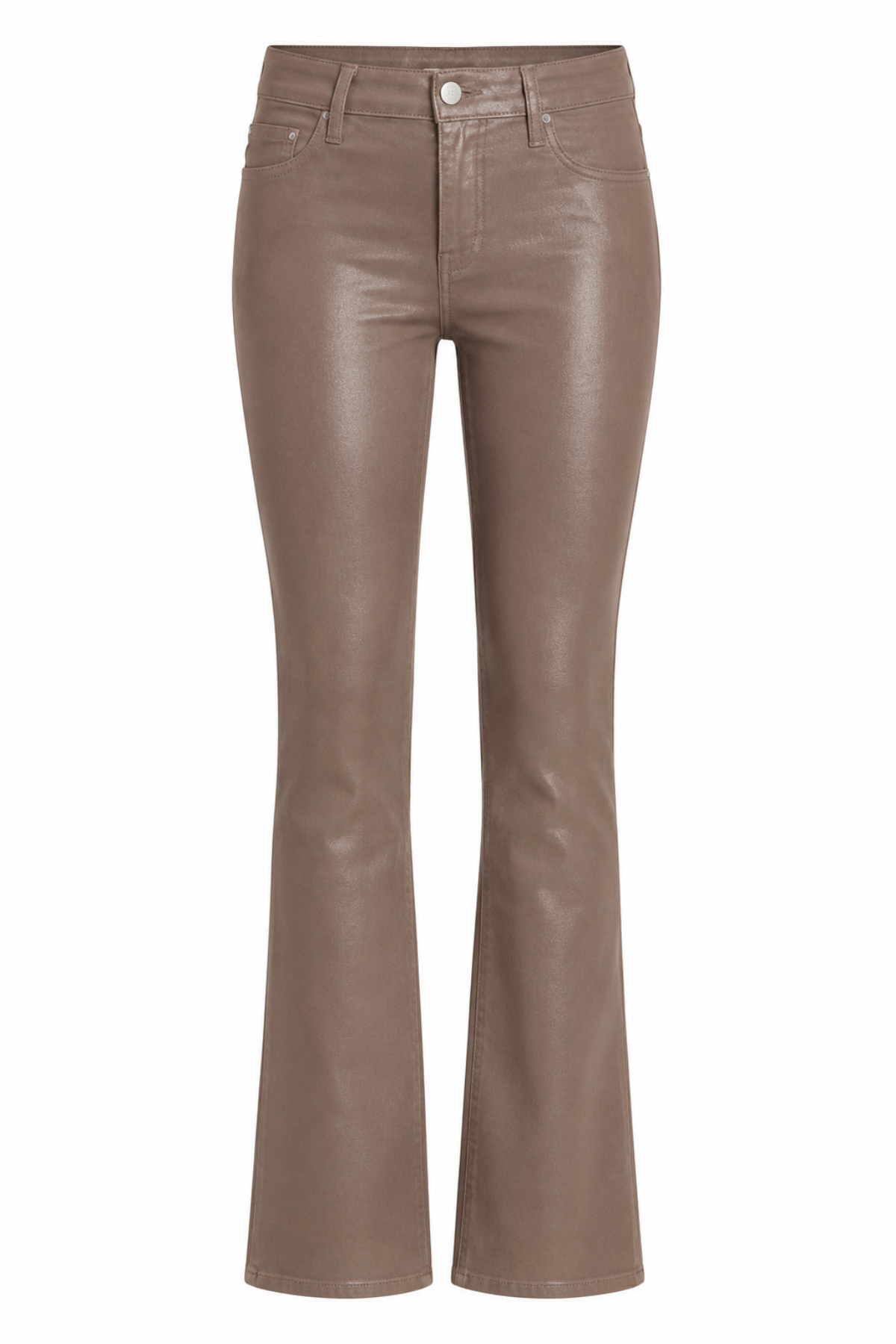 A pair of high-waisted, flared pants in a glossy taupe-brown faux leather material, shown against a plain white background.
