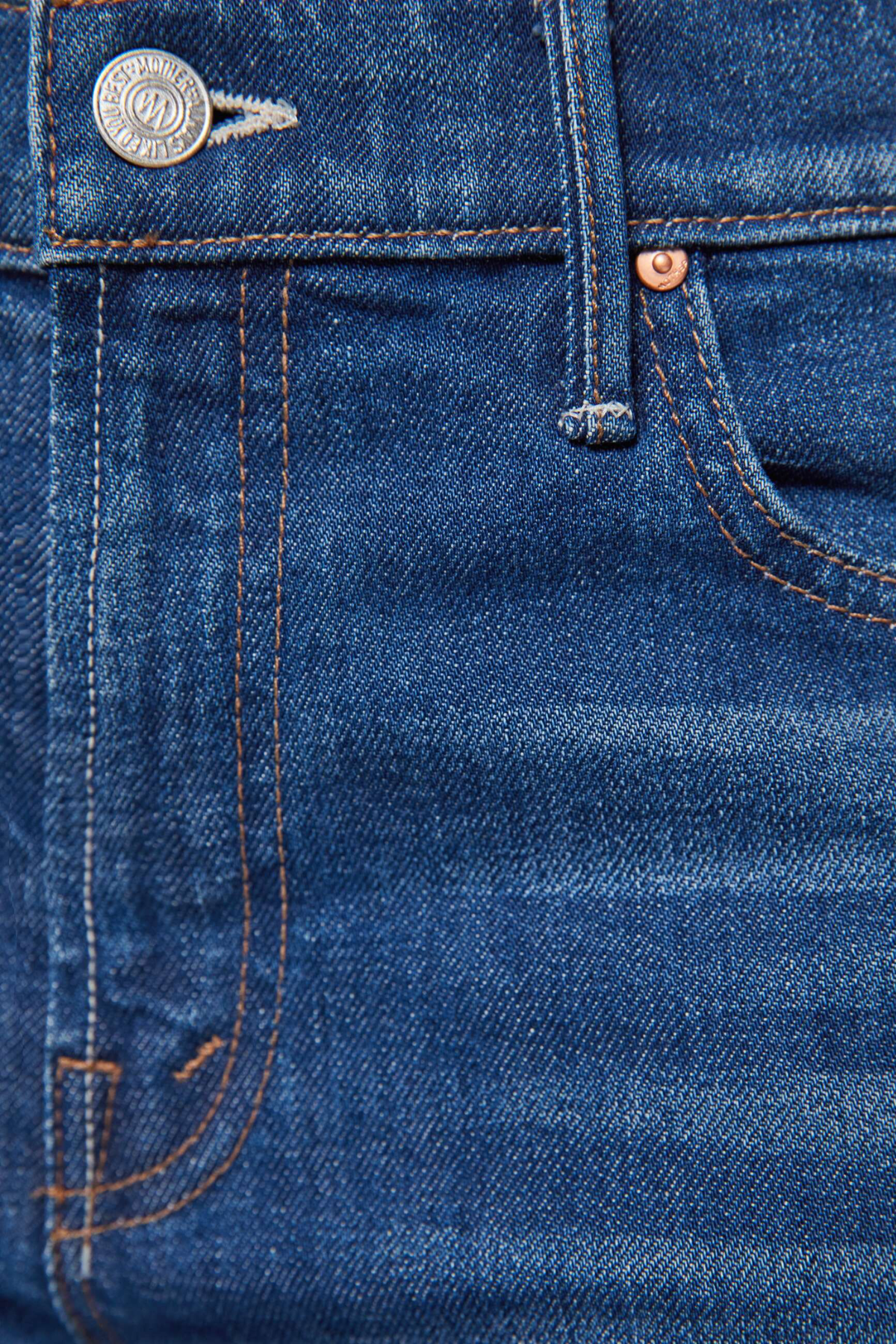 Close-up of blue denim fabric with stitching details
