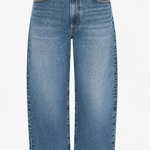 A pair of medium-wash blue denim cropped wide-leg jeans, shown flat against a plain white background.