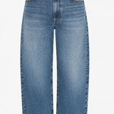 A pair of medium-wash blue denim cropped wide-leg jeans, shown flat against a plain white background.