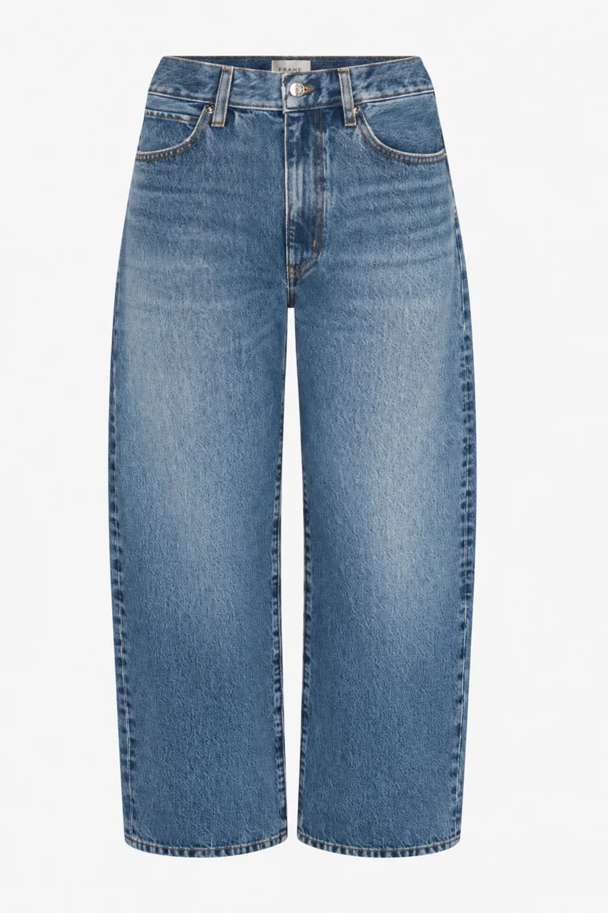 A pair of medium-wash blue denim cropped wide-leg jeans, shown flat against a plain white background.