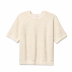 A short-sleeve crewneck sweatshirt in a light cream or off-white color, displayed flat against a light gray background.