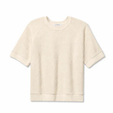 A short-sleeve crewneck sweatshirt in a light cream or off-white color, displayed flat against a light gray background.