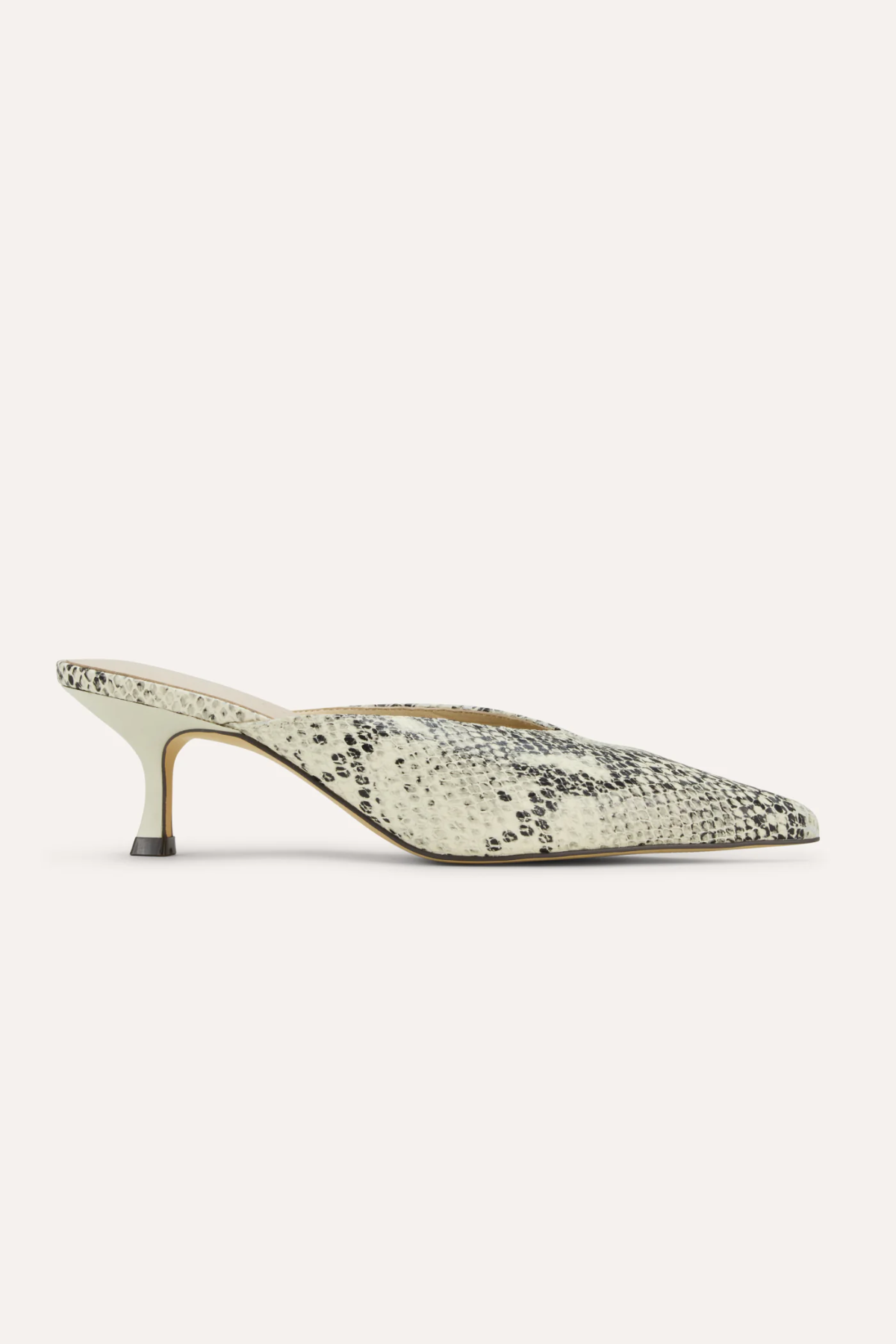 Snake print high-heeled shoe on a white background