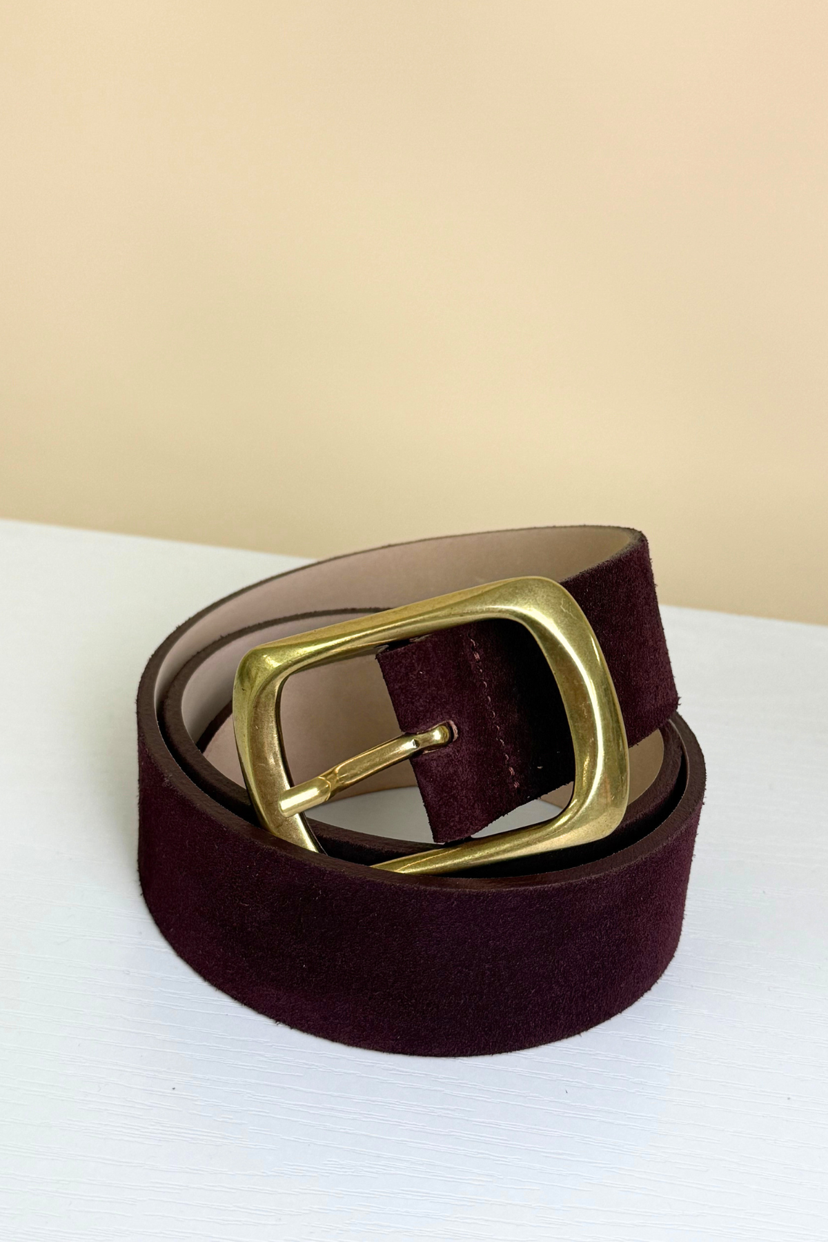 A dark burgundy velvet belt with a polished gold-tone metal buckle, coiled on a white surface against a beige background.