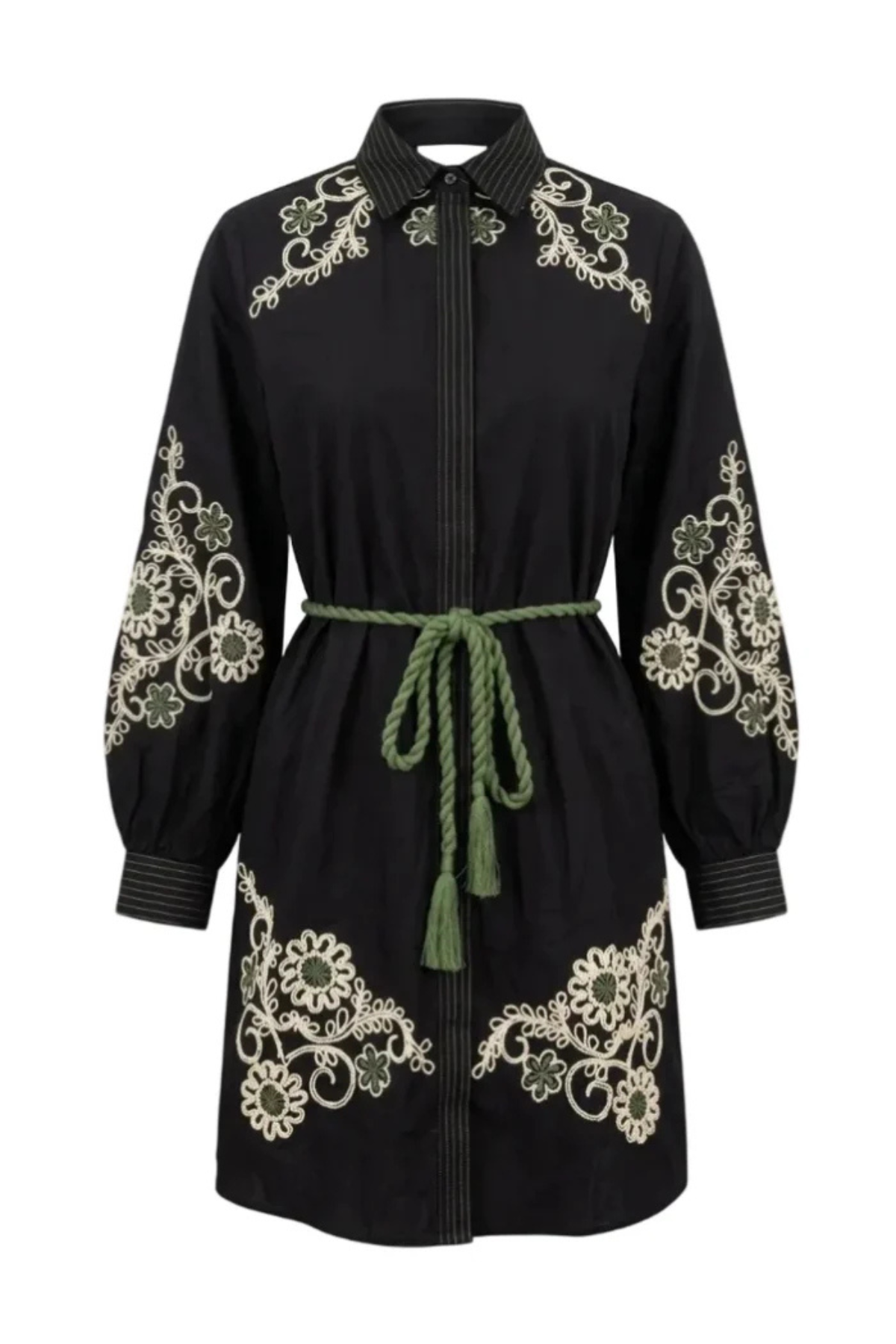 A black long-sleeve shirt dress with intricate cream-colored floral embroidery on the shoulders, sleeves, and hem, featuring a green rope tie belt at the waist.