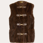 A dark brown faux fur vest with four brown leather toggle closures featuring gold-tone metal buckles, shown flat on a light beige background.
