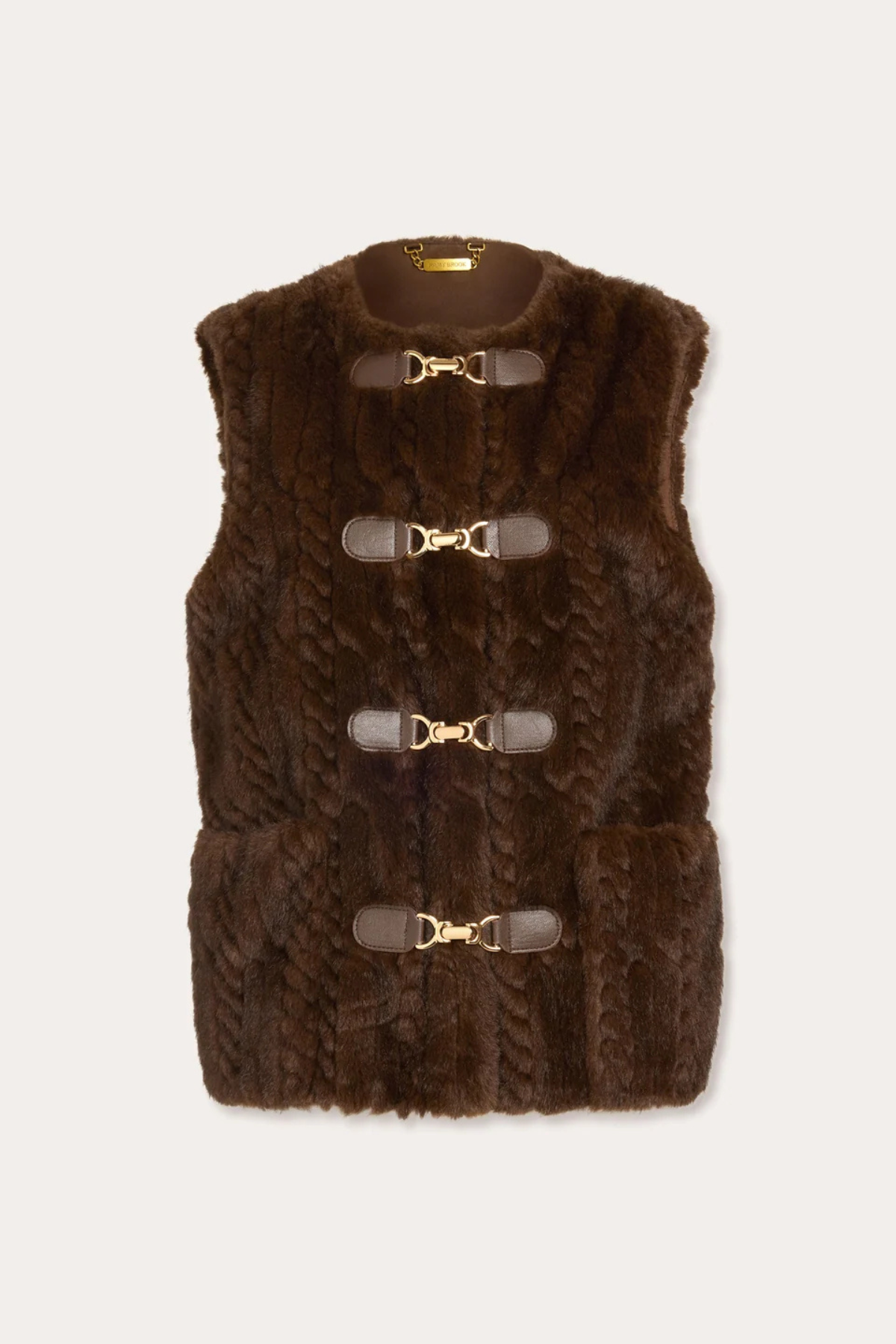 A dark brown faux fur vest with four brown leather toggle closures featuring gold-tone metal buckles, shown flat on a light beige background.