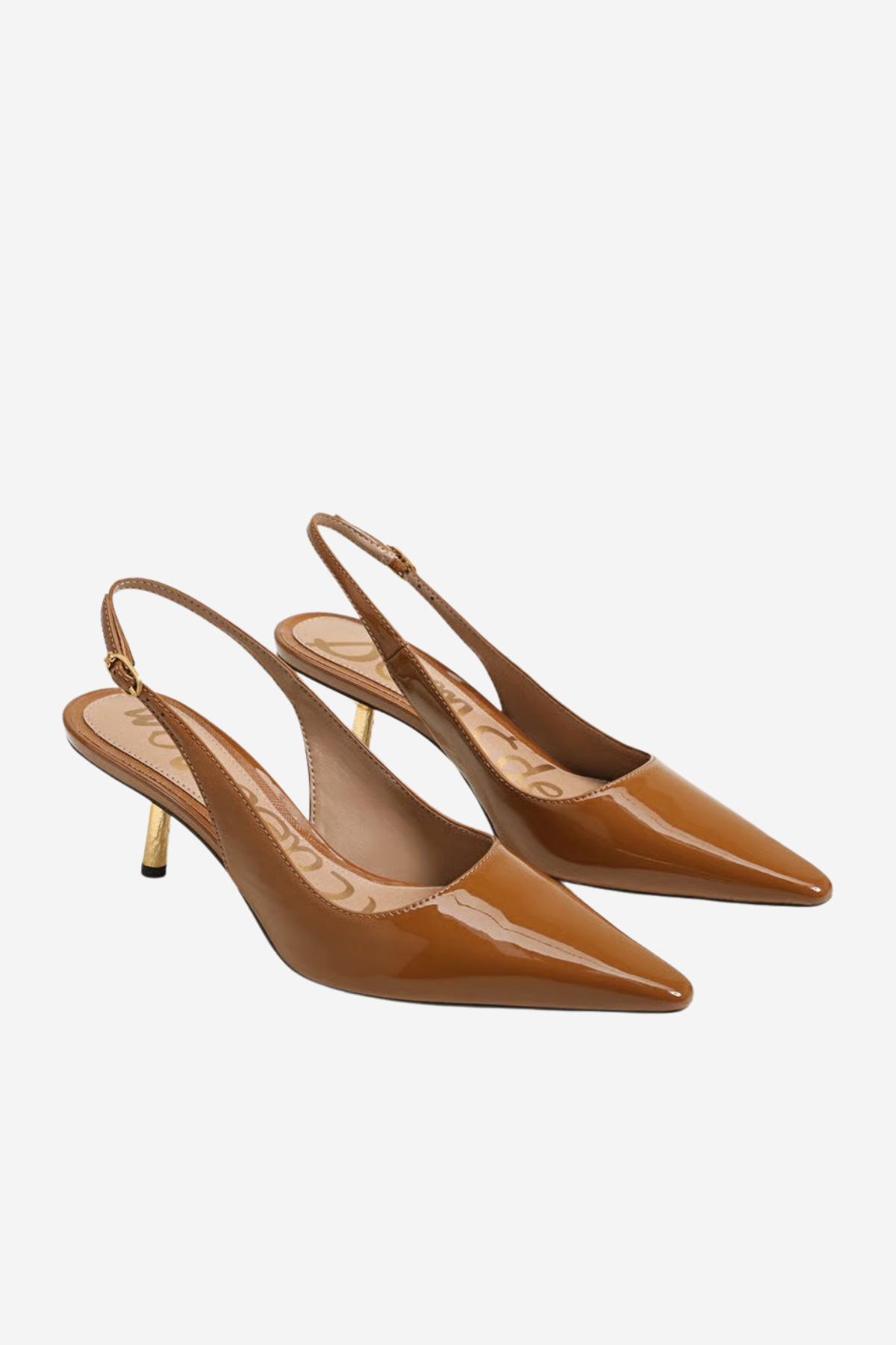 A pair of pointed-toe slingback pumps in glossy tan patent leather with gold-tone heels, displayed on a light gray background.