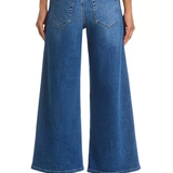 A model shown from the back wearing blue wide-leg denim jeans and black heeled sandals against a plain white background.