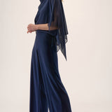 Silky Knit Wide Leg Jumpsuit with Chiffon Overlay