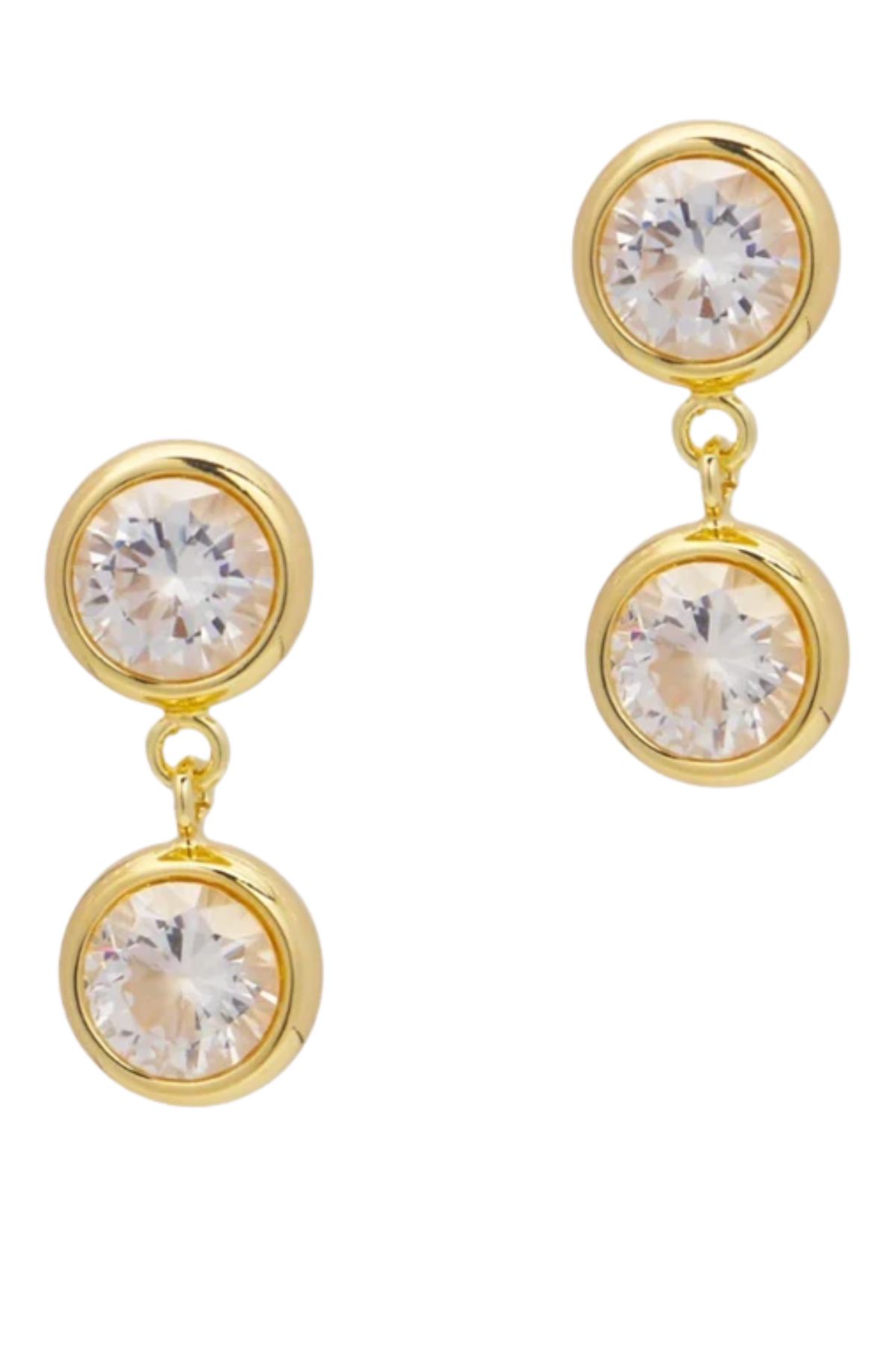 A pair of gold drop earrings with clear round-cut cubic zirconia stones, shown against a plain white background.