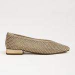 Beige woven flat shoe on a light gray background