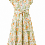 Floral dress with ruffled sleeves on a white background