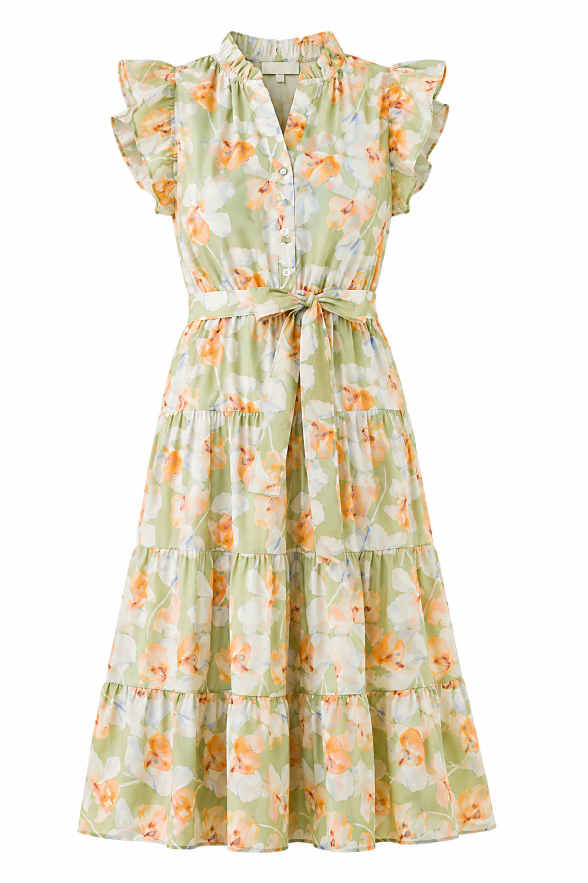 Floral dress with ruffled sleeves on a white background