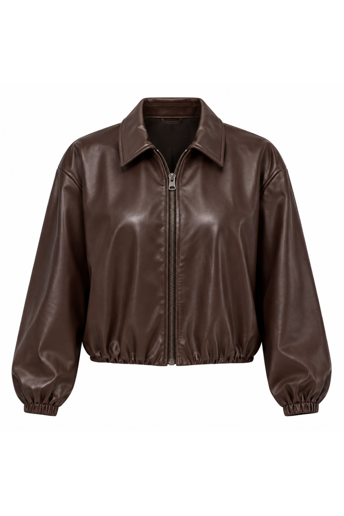 A dark brown faux leather jacket with a zip-up front, pointed collar, and elasticized cuffs, shown against a plain white background.