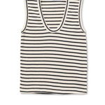 A sleeveless knit tank top with horizontal black stripes on an off-white background, featuring a wide scoop neckline with black trim.