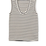 A sleeveless knit tank top with horizontal black stripes on an off-white background, featuring a wide scoop neckline with black trim.