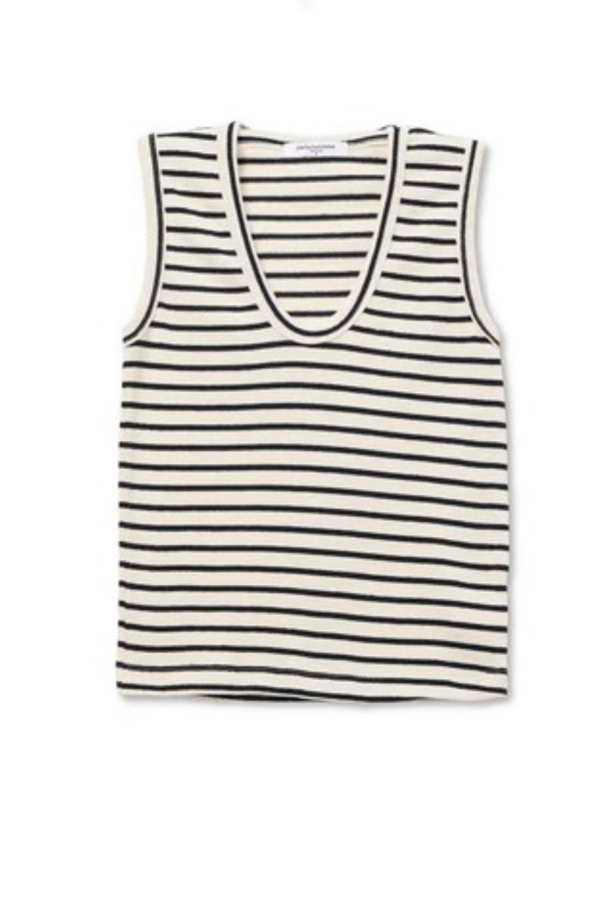 A sleeveless knit tank top with horizontal black stripes on an off-white background, featuring a wide scoop neckline with black trim.