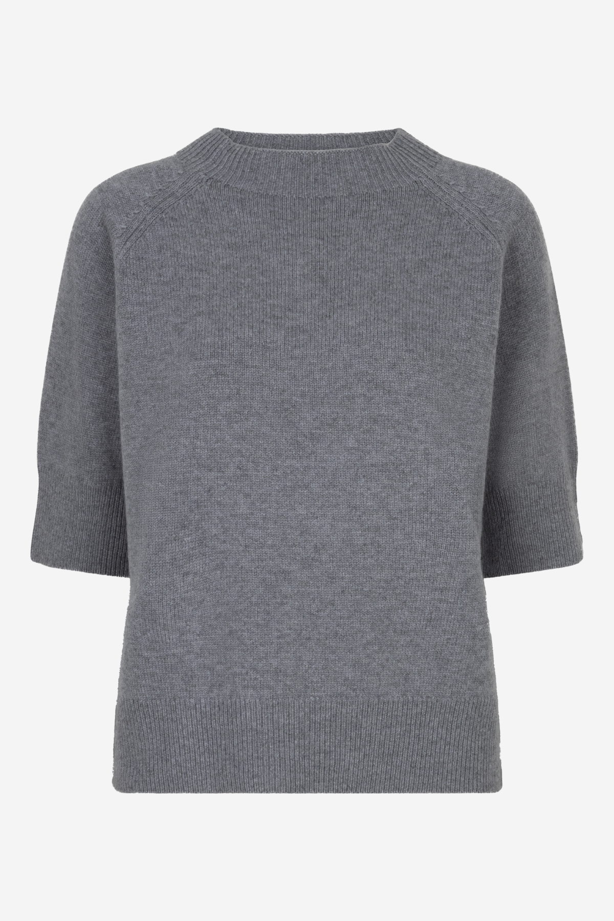 A gray knit short-sleeve sweater with raglan sleeves, shown against a plain white background.