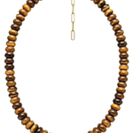 A beaded necklace made of polished tiger's eye beads in brown and golden-brown tones, with a gold-tone clasp and extender chain, shown on a plain white background.