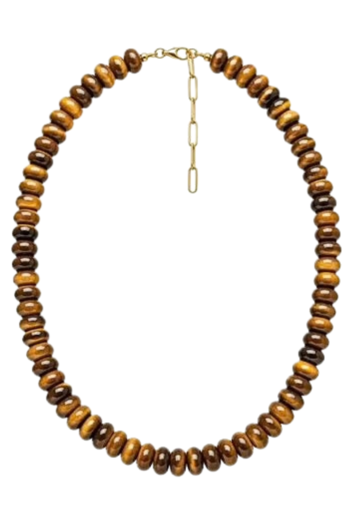 A beaded necklace made of polished tiger's eye beads in brown and golden-brown tones, with a gold-tone clasp and extender chain, shown on a plain white background.