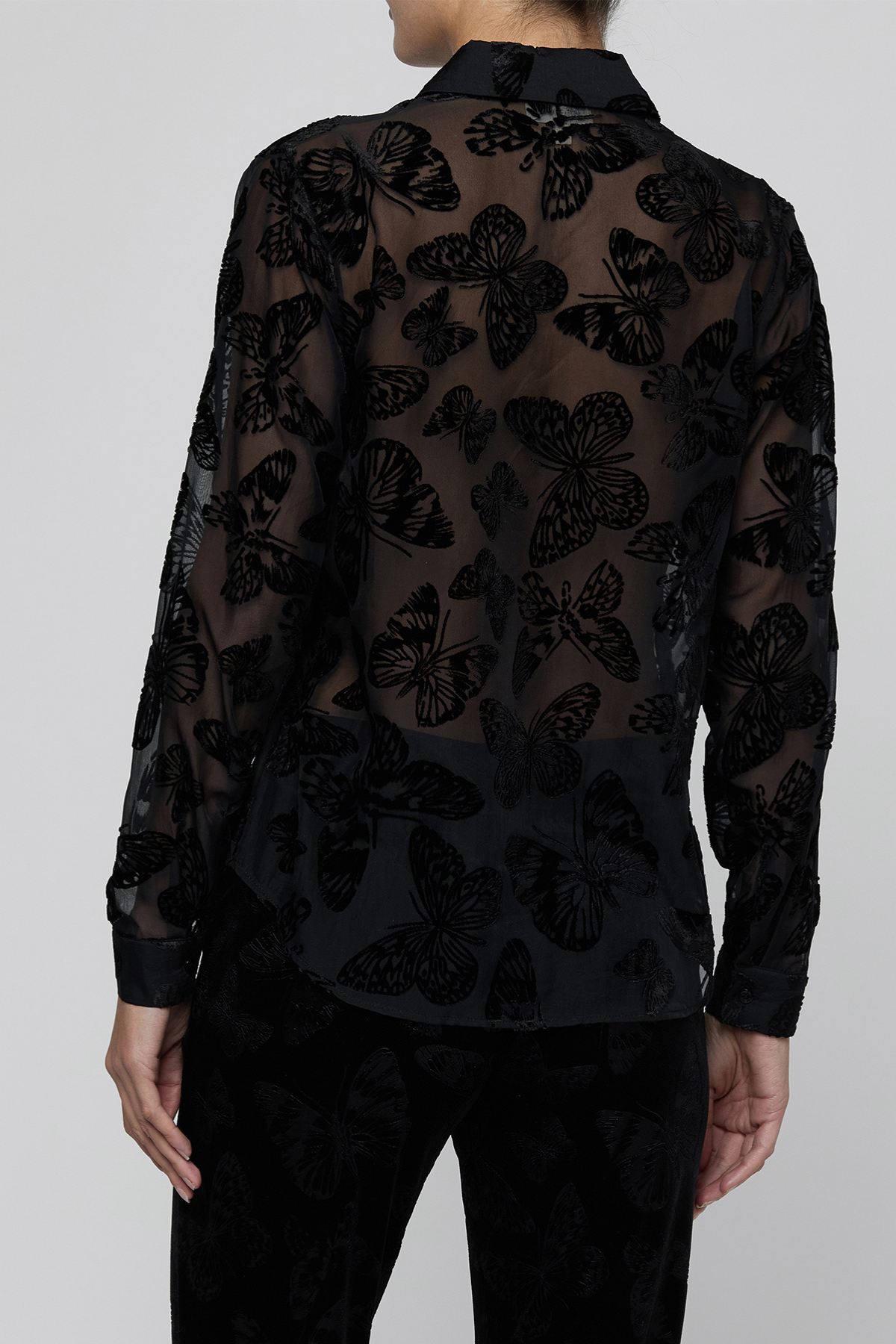 A model shown from the back wearing a sheer black long-sleeve blouse with a black embroidered butterfly pattern, paired with black trousers, against a light gray studio background.