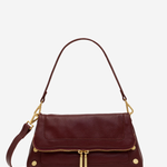 A burgundy leather shoulder bag with gold-tone hardware, a front flap pocket, and a detachable shoulder strap, shown against a plain white background.