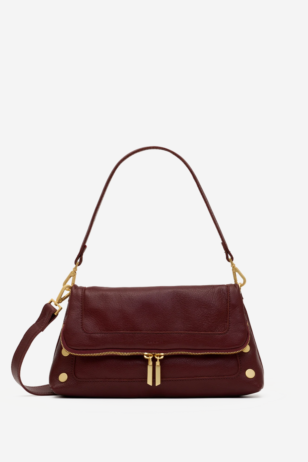 A burgundy leather shoulder bag with gold-tone hardware, a front flap pocket, and a detachable shoulder strap, shown against a plain white background.