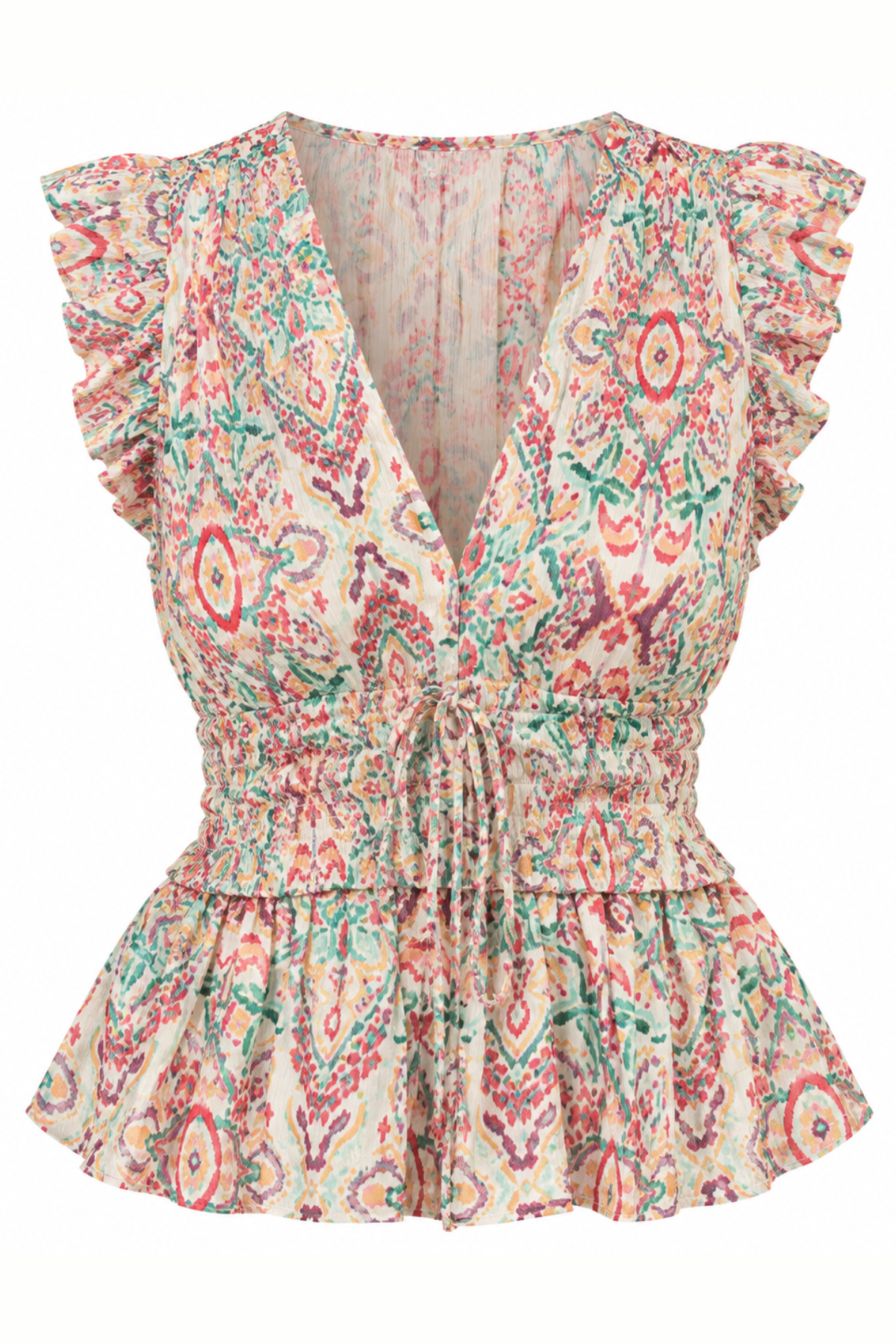 A sleeveless peplum top with ruffled cap sleeves, a deep V-neckline, and a gathered smocked waist, featuring an all-over paisley and floral pattern in pink, green, and blue on a light beige background.