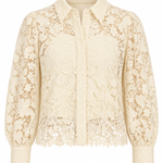A cream-colored lace button-up shirt with long balloon sleeves, a pointed collar, and a scalloped lace hem, shown against a plain white background.