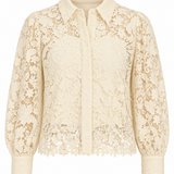 A cream-colored lace button-up shirt with long balloon sleeves, a pointed collar, and a scalloped lace hem, shown against a plain white background.