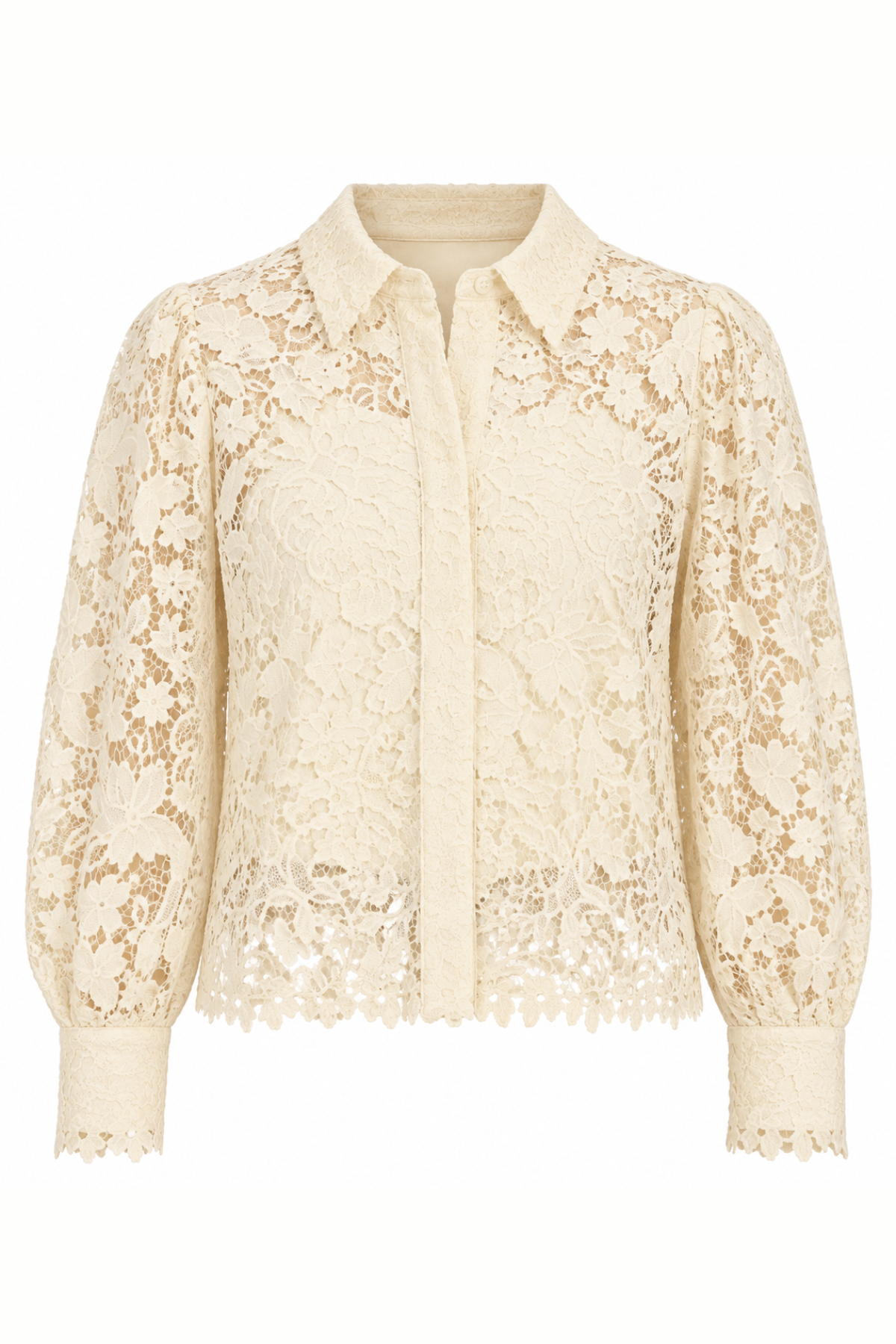 A cream-colored lace button-up shirt with long balloon sleeves, a pointed collar, and a scalloped lace hem, shown against a plain white background.