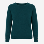 A dark teal green long-sleeve crewneck sweater with decorative silver buttons on the cuffs, displayed against a light gray background.
