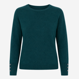 A dark teal green long-sleeve crewneck sweater with decorative silver buttons on the cuffs, displayed against a light gray background.