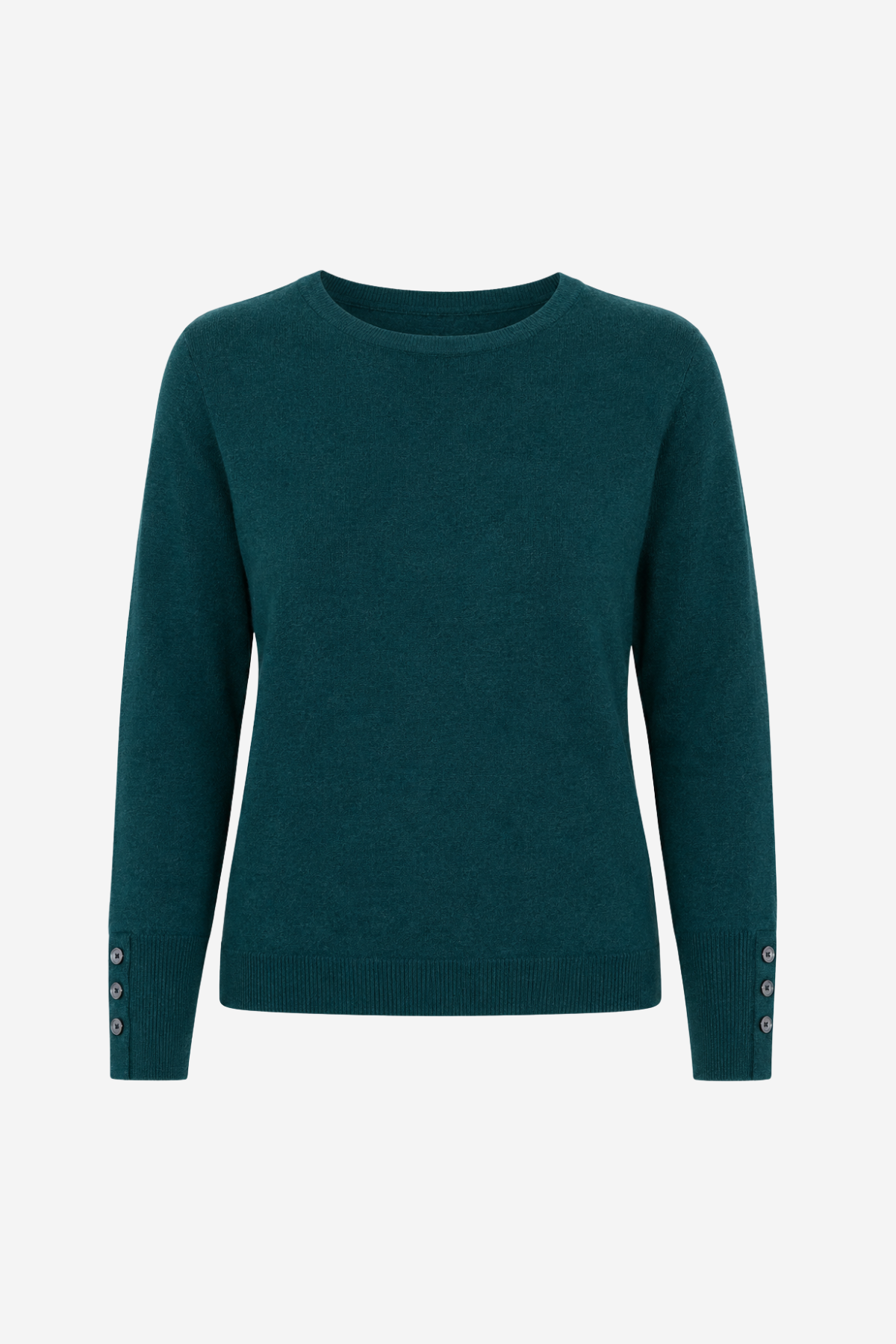 A dark teal green long-sleeve crewneck sweater with decorative silver buttons on the cuffs, displayed against a light gray background.
