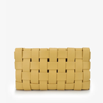 Yellow woven clutch bag on a white background