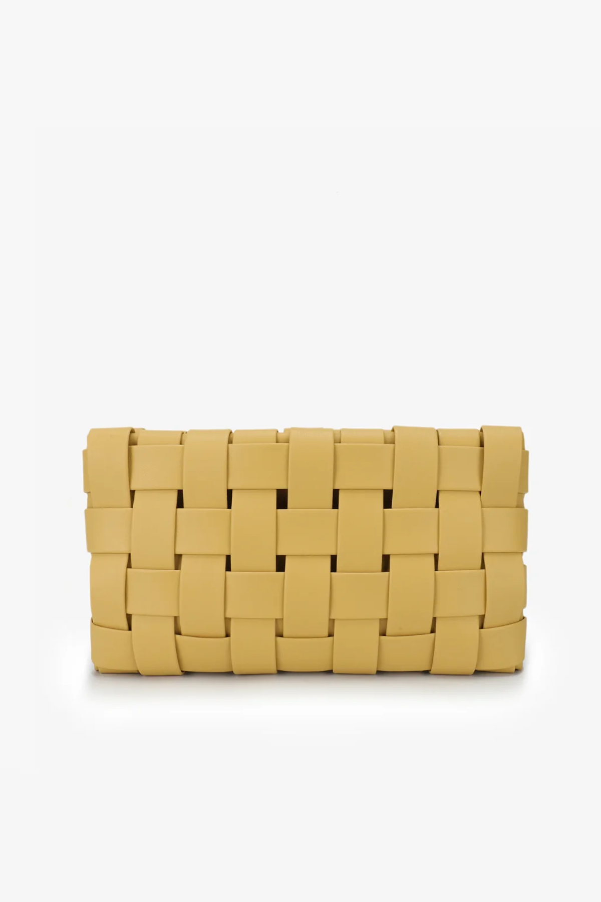 Yellow woven clutch bag on a white background
