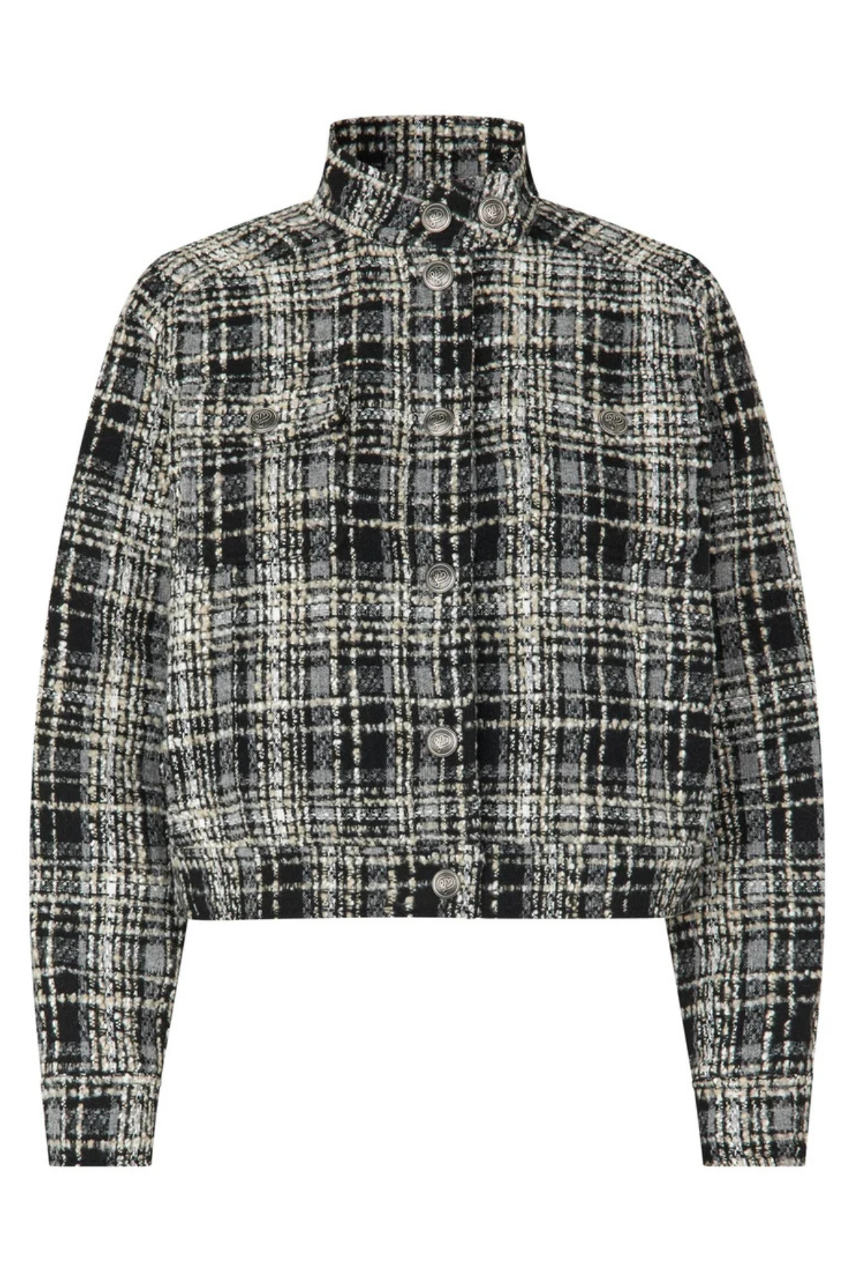 A cropped, long-sleeve button-front jacket with a high stand collar, featuring a black, white, and gray plaid tweed pattern.