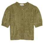 An olive green short-sleeve knit cardigan with a textured, fuzzy yarn and brown buttons, shown flat on a white background.