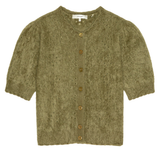An olive green short-sleeve knit cardigan with a textured, fuzzy yarn and brown buttons, shown flat on a white background.