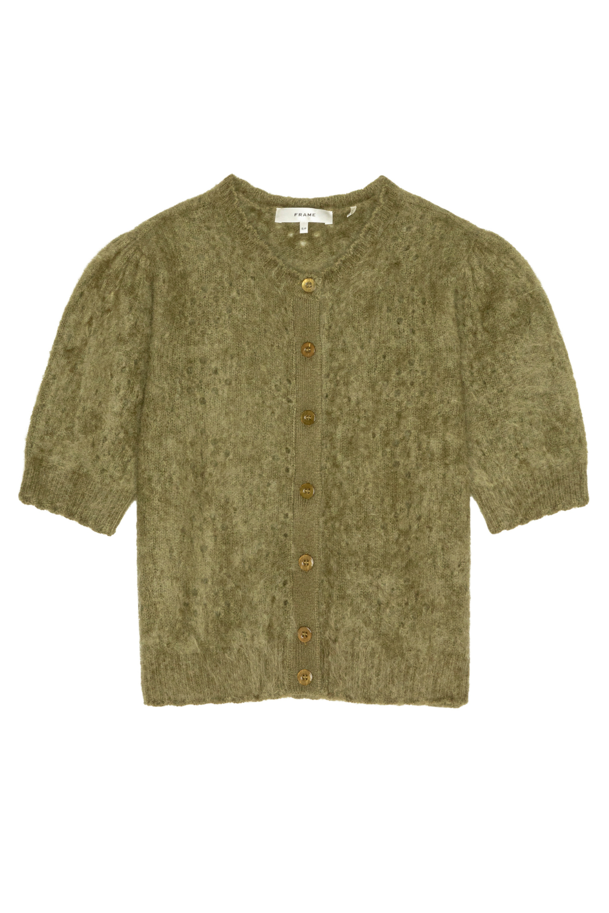 An olive green short-sleeve knit cardigan with a textured, fuzzy yarn and brown buttons, shown flat on a white background.