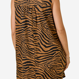 A sleeveless high-neck tunic dress with a brown and black zebra print, shown from the back on a model against a light gray background.