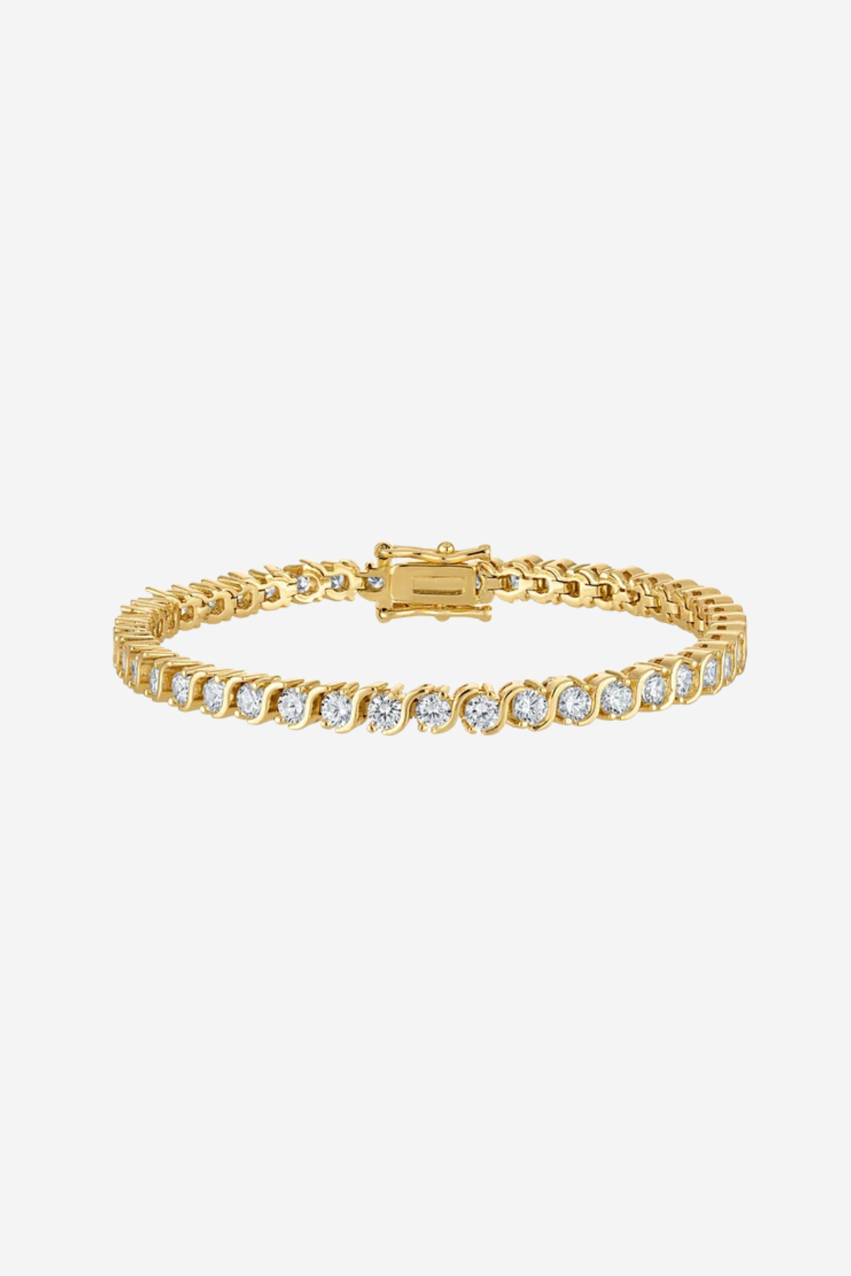 A gold tennis bracelet with a row of clear round-cut gemstones, displayed against a light gray background.