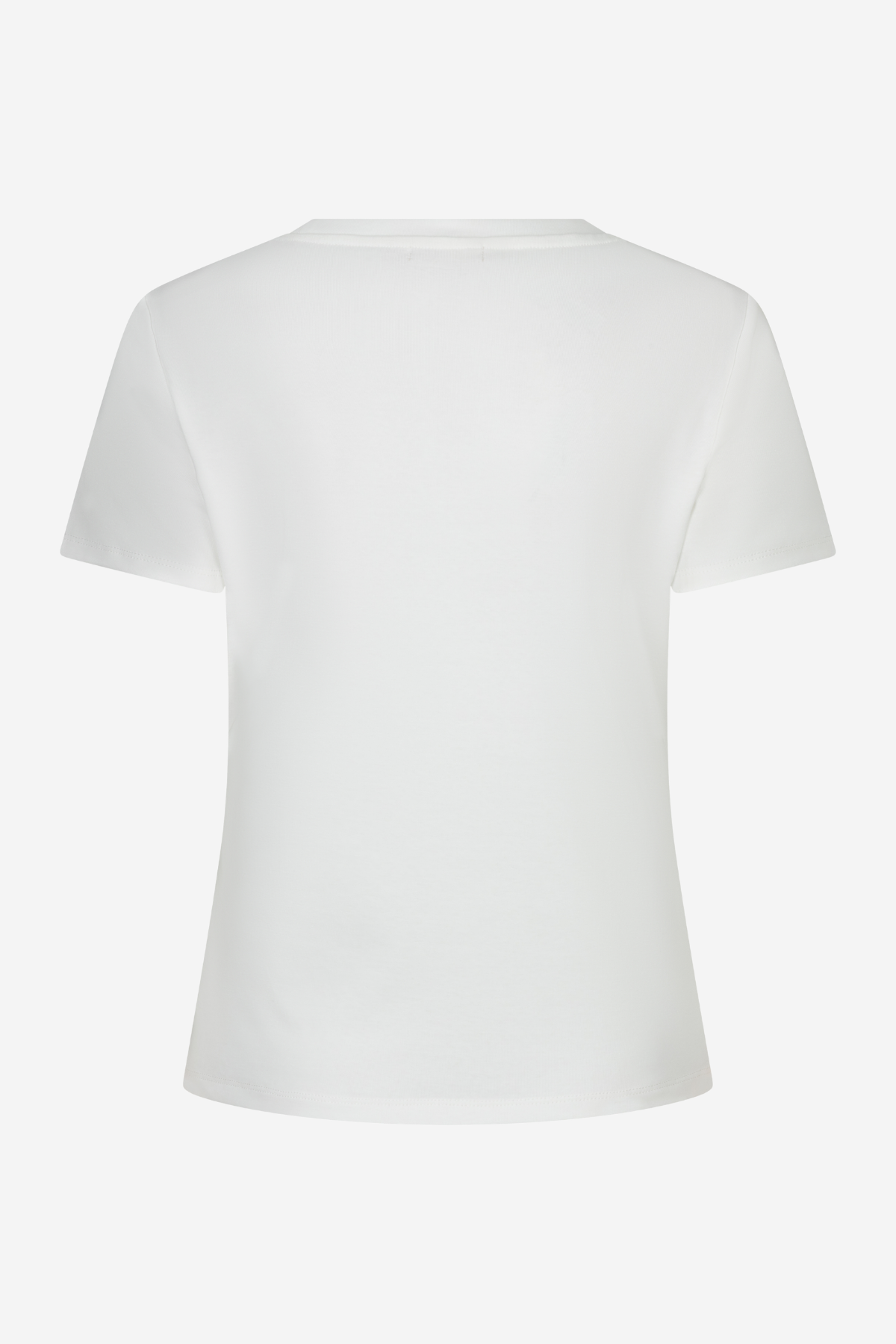 A plain white short-sleeve crewneck t-shirt shown from the back, displayed on a clean white background.