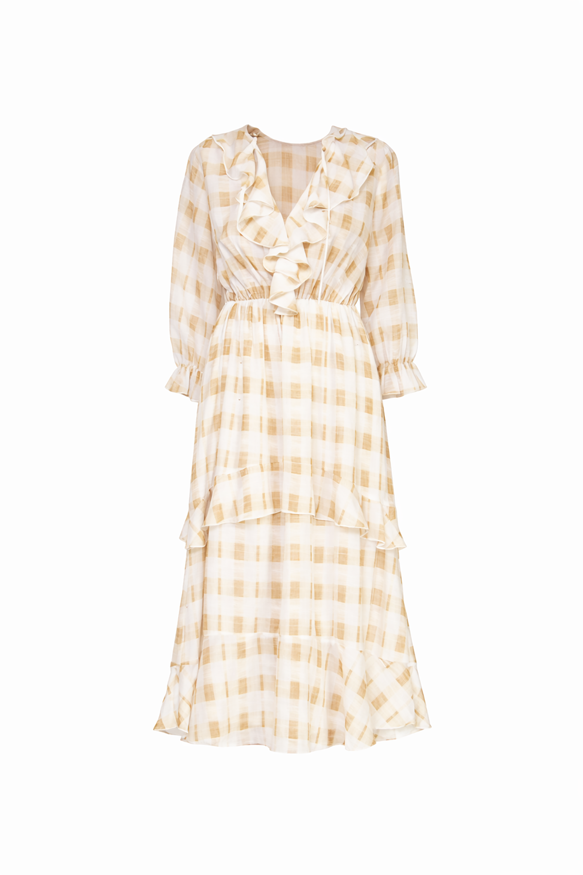 Checkered dress with ruffled details on a white background